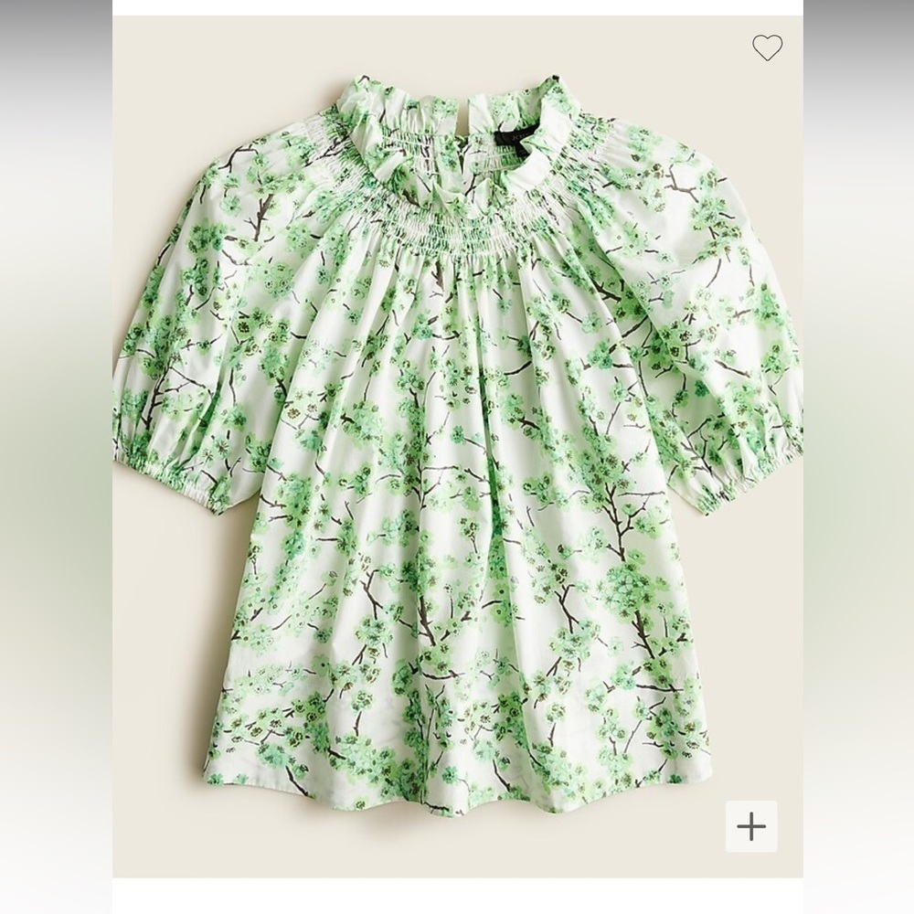 J crew Smocked neck puff-sleeve top in lime cherry‎ blossoms